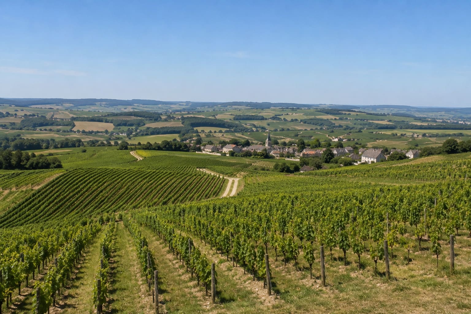 Vignoble de Menetou-Salon s'étendant sur les coteaux du Centre-Loire, village et clocher en arrière-plan