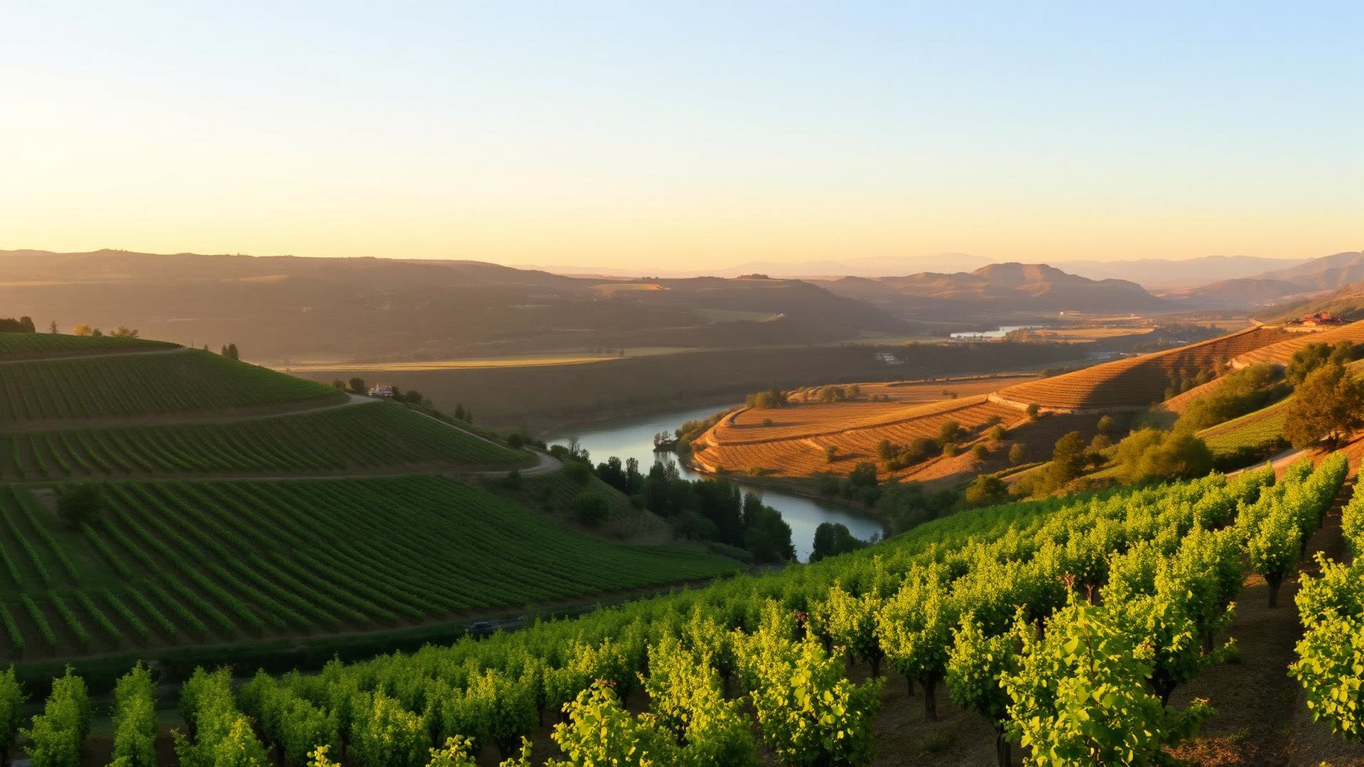Vignobles en terrasses de la Vallée du Rhône au coucher du soleil