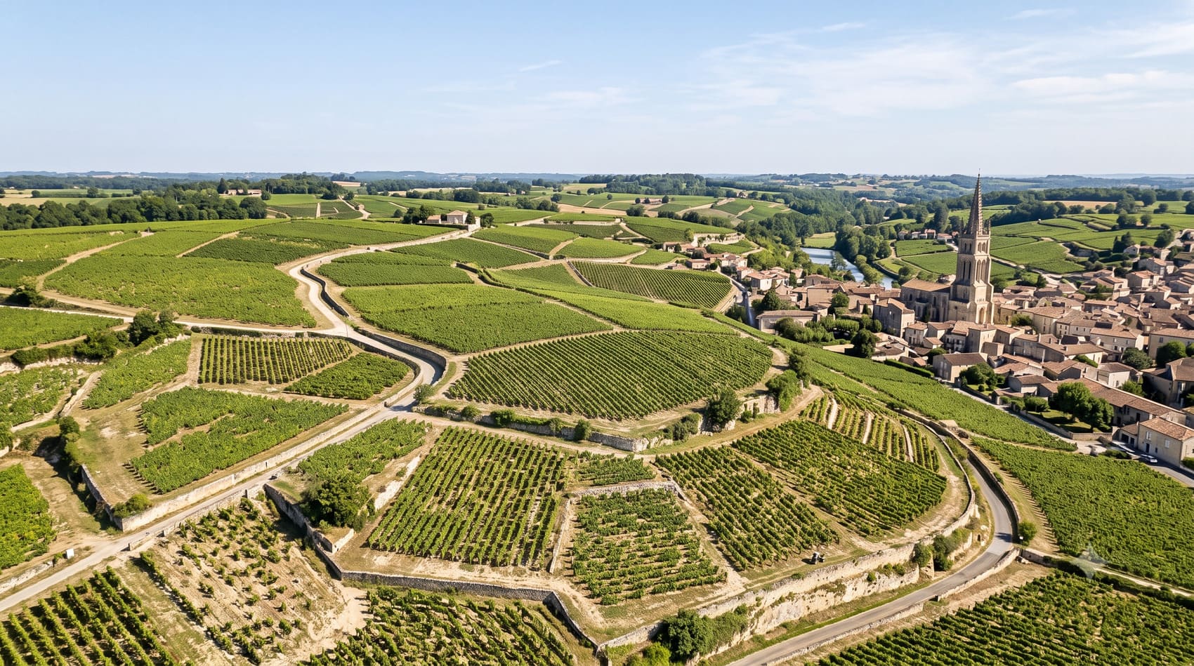 Vue aérienne de la cité médiévale de Saint-Émilion entourée de vignes de Merlot, rive droite de Bordeaux