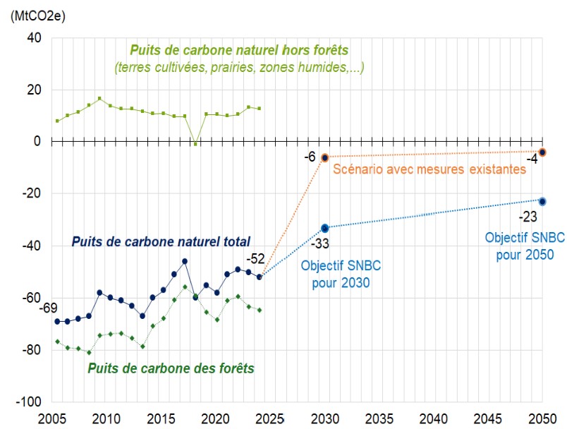 Graphique de l'évolution du puits de carbone naturel en France de 2005 à 2024 et objectifs SNBC 3 pour 2030 et 2050