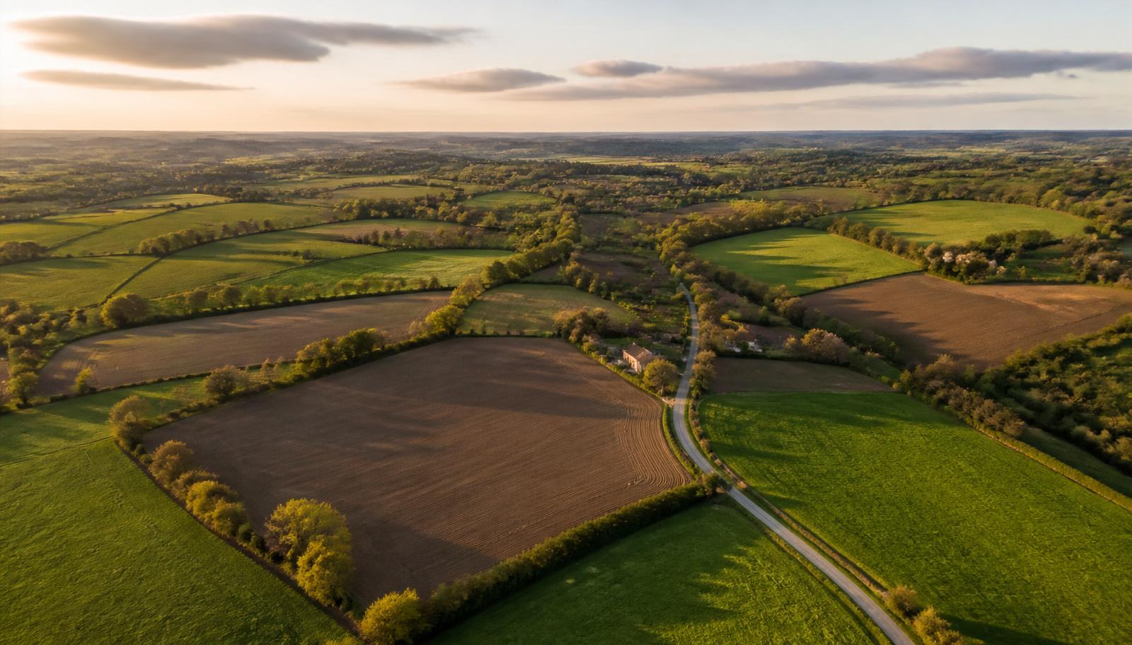 Vue aérienne d'un bocage français - parcelles cultivées, prairies et haies au coucher du soleil