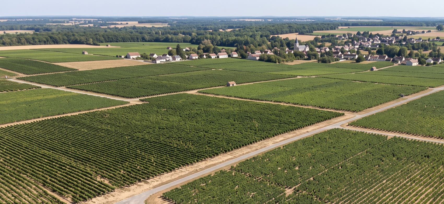 Vue aérienne des parcelles de vignes de Quincy s'étendant jusqu'au village dans le Centre-Loire