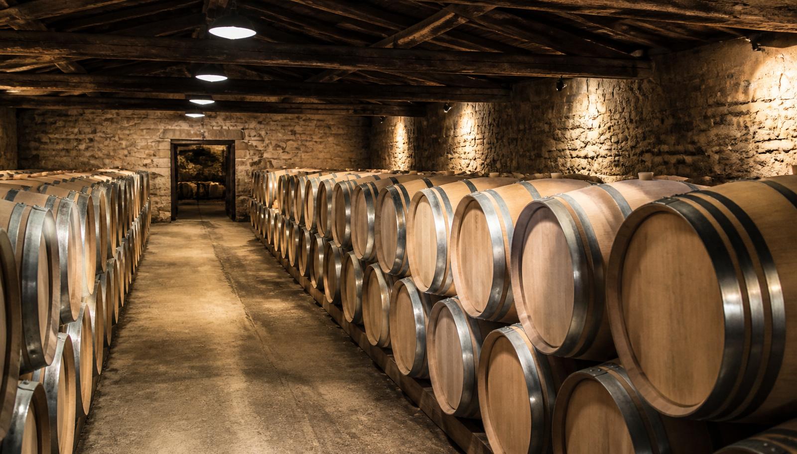 Chai de vieillissement en barriques dans une cave viticole française