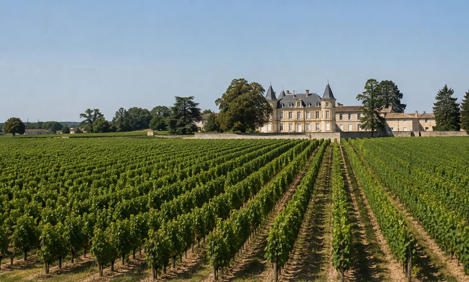 Château et rangs de Cabernet Sauvignon sur les graves du Médoc, rive gauche de Bordeaux