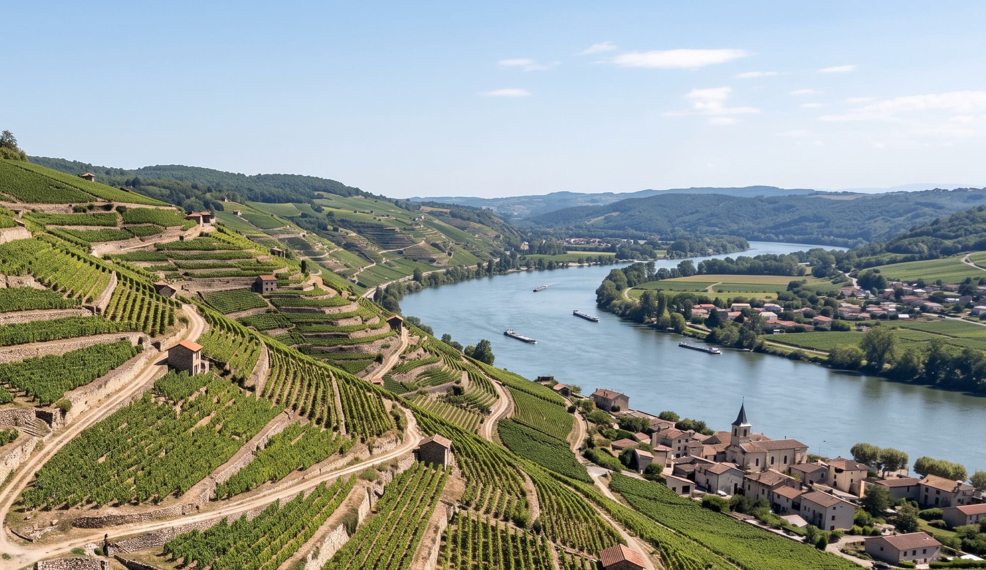 Coteaux en terrasses de Côte-Rôtie dominant le Rhône, village et bateaux en contrebas