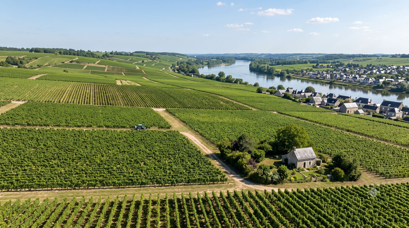 Vignoble de la Vallée de la Loire au coucher du soleil, château Renaissance et fleuve en arrière-plan