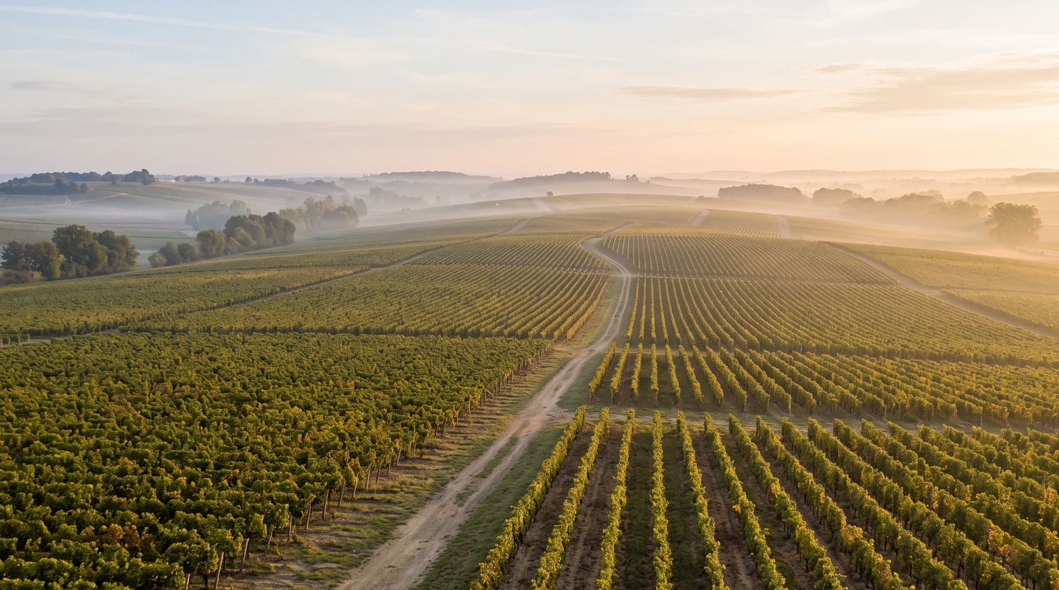 Vignes de Sauternes et Barsac dans les brumes matinales du Ciron, au sud du Bordelais