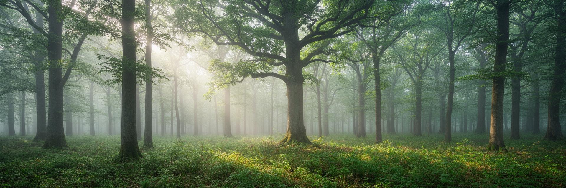 Forêt française dans la brume matinale