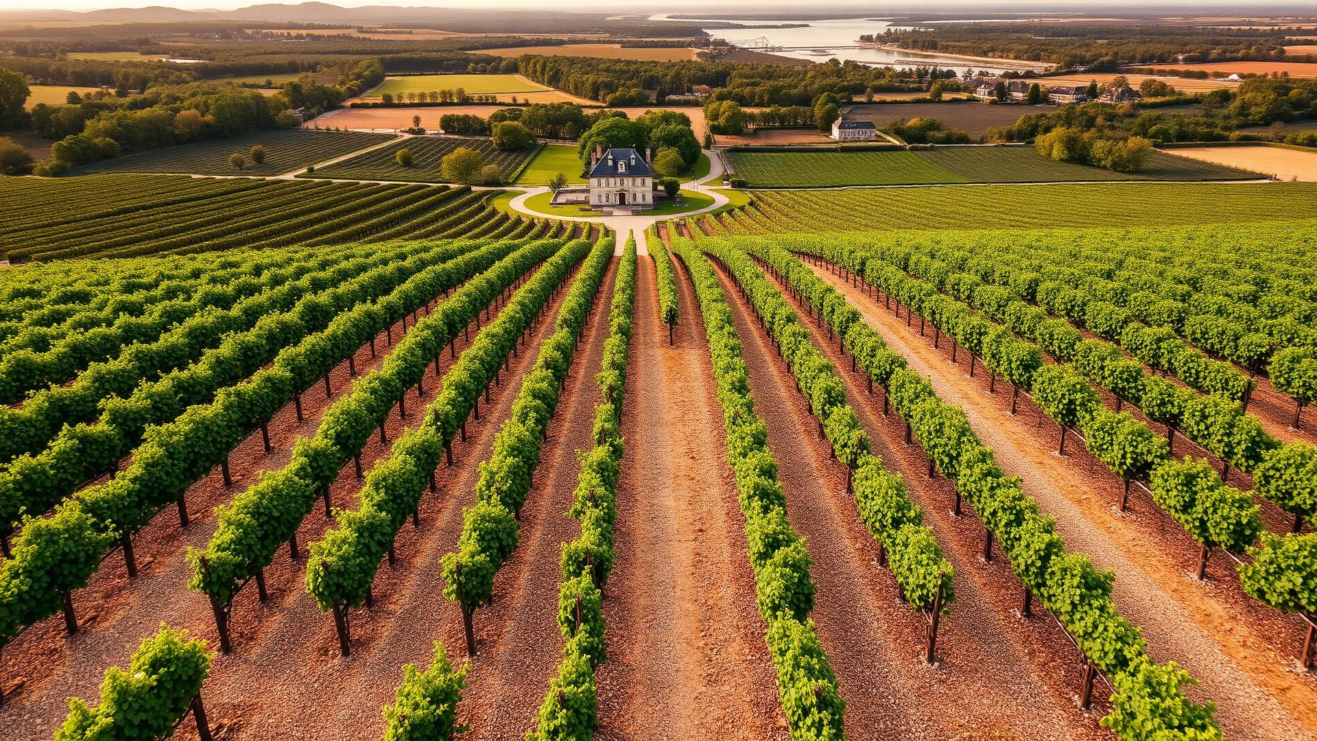 Vignoble bordelais du Médoc avec château et estuaire de la Gironde à l'horizon