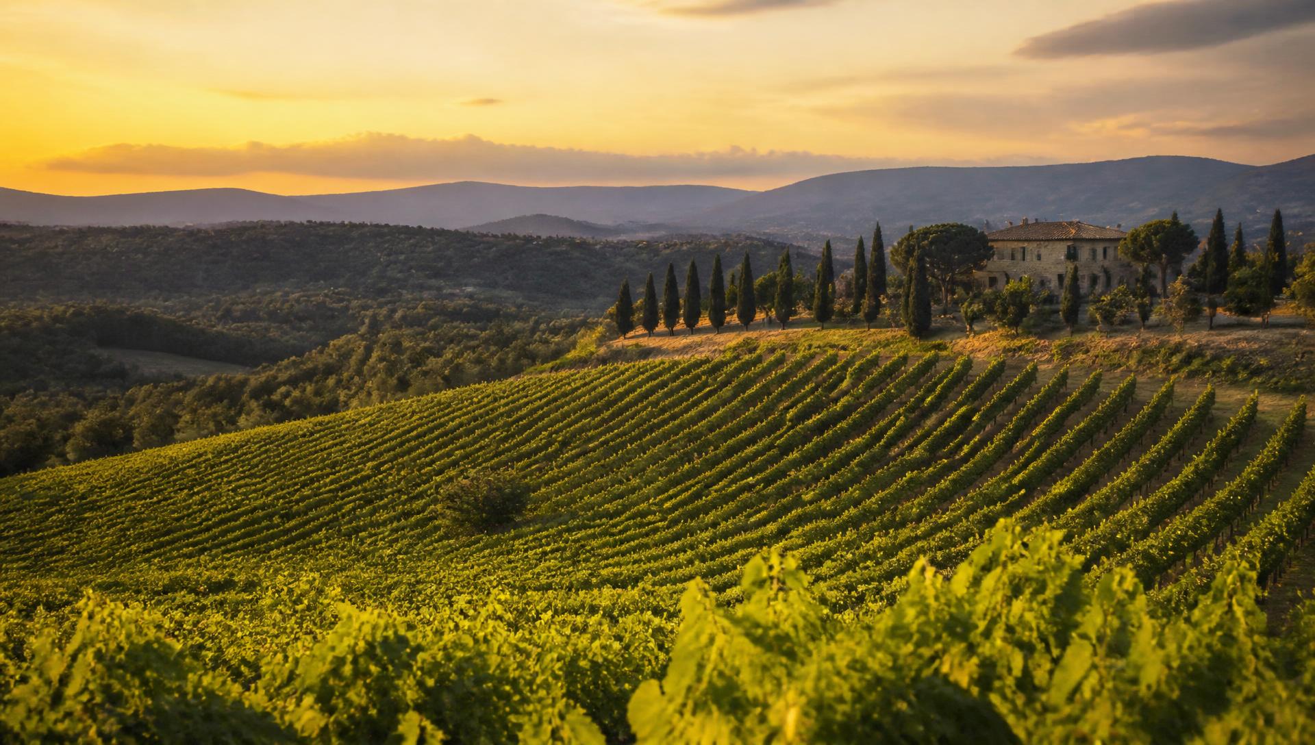 Vignoble des Côtes de Provence dans le Var au coucher du soleil, rangs de vignes et bastide entourée de cyprès