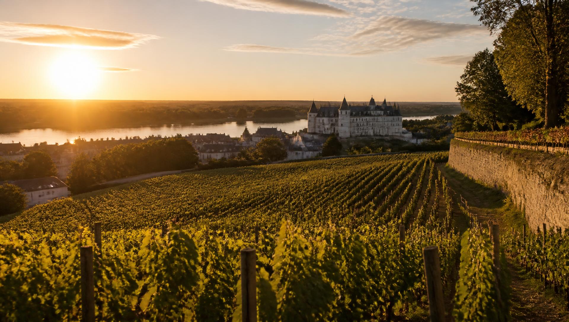 Vignoble de la Vallée de la Loire au coucher du soleil, château Renaissance et fleuve en arrière-plan