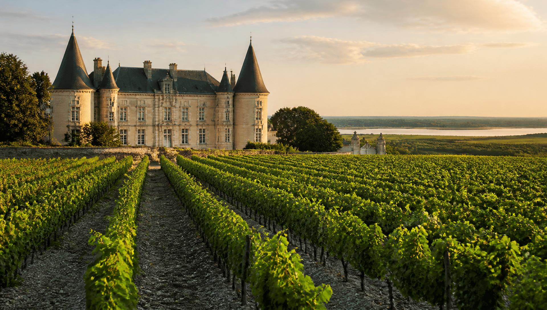 Château et rangs de Cabernet Sauvignon sur les graves du Médoc, rive gauche de Bordeaux