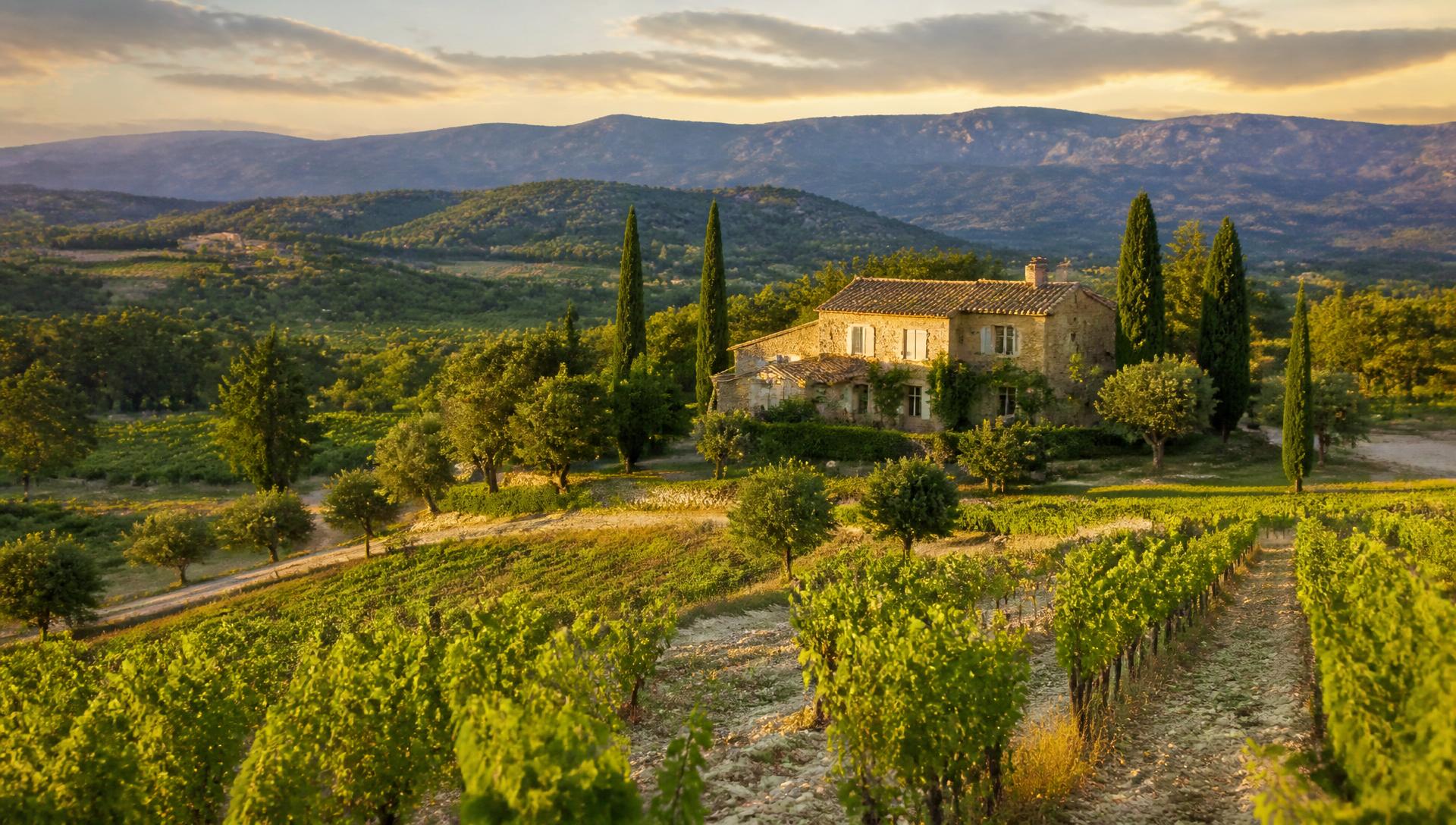 Vignoble de Provence au coucher du soleil, mas en pierre et cyprès sur les collines méditerranéennes