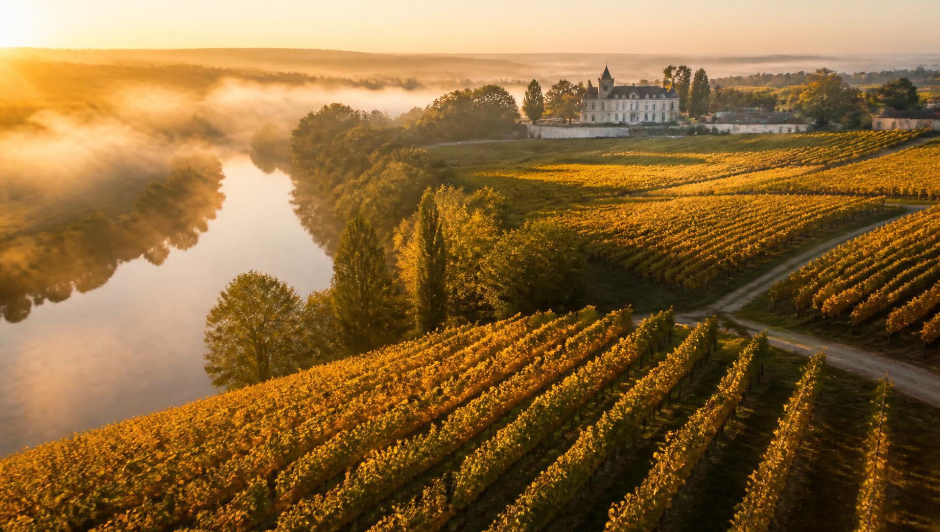 Vignes de Sauternes et Barsac dans les brumes matinales du Ciron, au sud du Bordelais