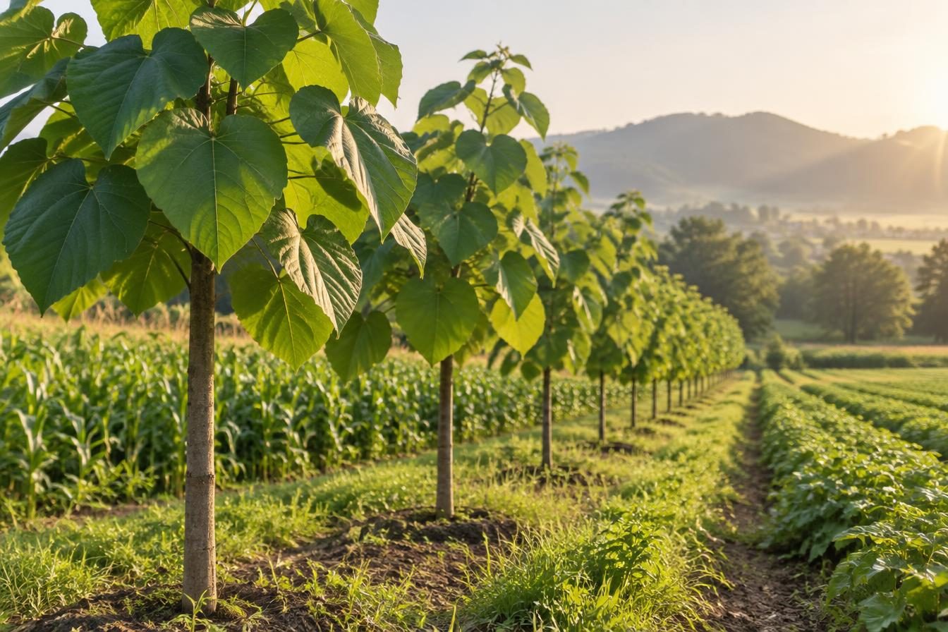 Jeunes arbres de paulownia plantés en agroforesterie au sein d'une parcelle agricole, illustration du modèle Treesition